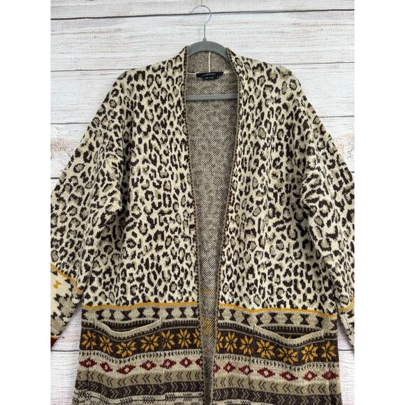 Vertigo Animal Print Open Front Cardigan Sweater Womens Medium Brown Beige - Picture 3 of 13